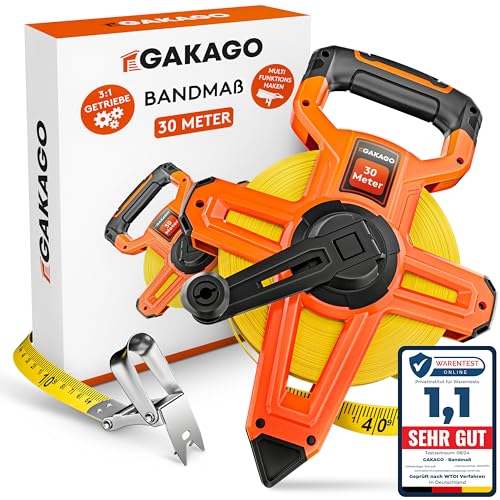 Gakago Bandmaß 30m - 3-fach übersetztes Rollmaßband mit klappbarem Hebel - Ergonomischer & rutschfester Maßband Haltegriff - Masbandrolle mit Messpunkt-Markierspitze und flexiblen Messhaken