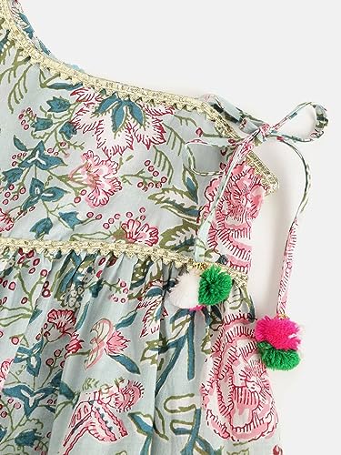 Pspeaches Girl's Cotton Green Pink Floral Print Kurta Set With Dhoti Pants (Green-7-8Y), 7-8 Years