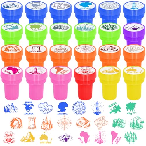 Cinrobiye 24 Pcs Geography Adventure Stampers Party Favor Set Cute World Map Stamps for Kids Birthday Party Classroom Rewards Educational Learning Toys Goody Bag Fillers Themed Party Supplies