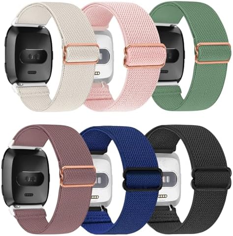 6 Pack Bands Compatible with Fitbit Versa 2 / Fitbit Versa/Versa Lite/Versa SE, Stretchy Nylon Solo Loop Sport Replacement Wristbands Straps for Fitbit Versa 2 Smart Watch Women Men