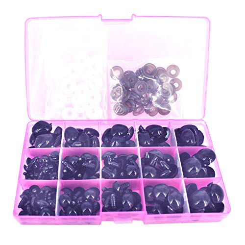 BESTCYC 75Pcs 10/12/14/16/18MM 5 Sizes in a Box Black Plastic Safety Eyes and Noses Set for Teddy Bear Doll Animal Puppet Craft