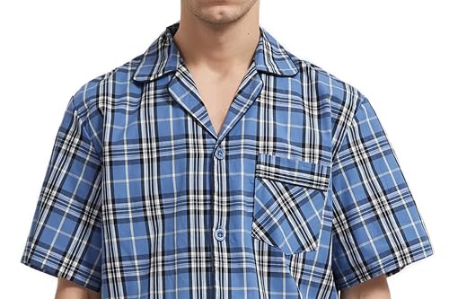 GLOBAL Men Short Pajama Set 100% Cotton, Summer Pajama for men Soft Classic Plaid Loungewear4