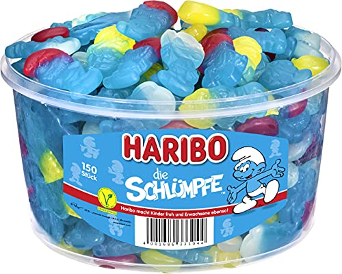 Haribo Schlümpfe in Runddose, 1.35 kg Dose, 150 Schlümpfe für alle Liebhaber der kleinen Bewohner aus Schlumpfhausen mit Geschmacksrichtung Erdbeere und Himbeere 1