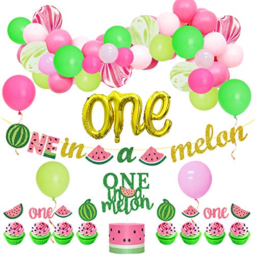 Watermelon First Birthday Party Supplies One in a Melon Banner Cake Topper Watermelon Balloon Garland Arch for Girl 1st Birthday Party Decorations