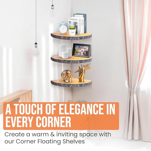 3 Tier Corner Floating Shelves - Solid Paulownia Wood Corner Wall Shelf with Pre-Screwed Brackets & Wire Hole, Wall Mounted Shelves for Living Room, Bedroom, & Kitchen - Image 5
