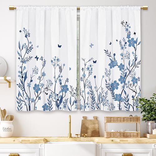 Laifzere Watercolor Blue Flower Kitchen Curtains Floral Plant Small Short Cafe Window Curtains Botanical Leaves Rod Pocket Bathroom Window Drapes Treatment Tier Curtains 2 Panels (27.5x39 Inch)