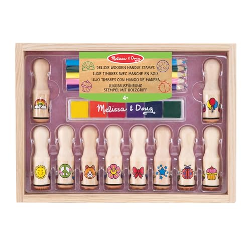 Melissa & Doug - 10 Tampons, 6 Couleurs d'encre + 5 Crayons - Jouet en Bois - Activité Manuelle Enfant - Loisir Créatif - Jouet D'Activité, Développement...