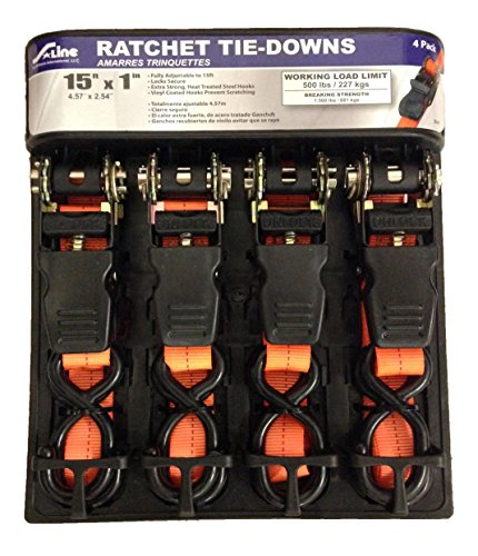 S-Line SL91 Ratchet Strap Tie Down with Padded Handle and Large S-Hooks, 1-Inch byx 15-Feet, 500-Pounds Working Load Limit, 4-Pack