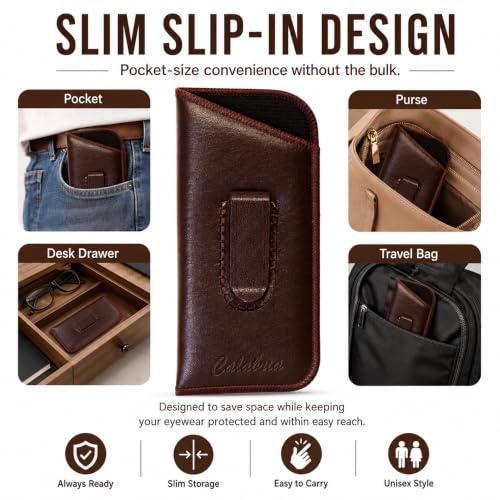 Image of Calabria Slip-In Eye Glasses Case w /Plastic Pocket Clip Faux Leather Felt Brown Men Women Eyeglass Pouch Sunglasses Holder - 12PACK
