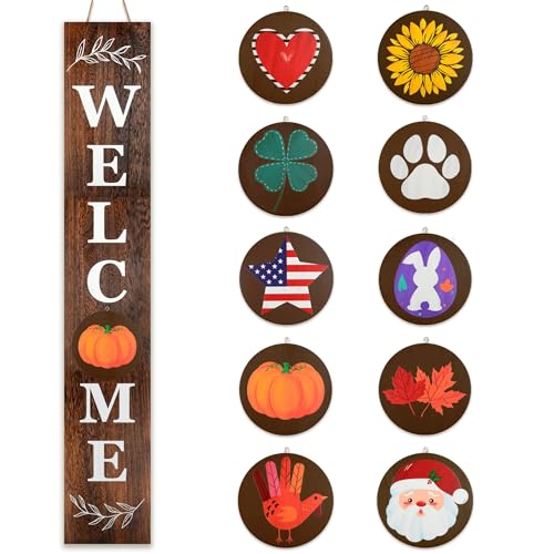 Perfnique Interchangeable Welcome sign for front porch standing, 47 x 7.9 Inch Black Wooden Leaner Sign with 10 Interchangeable Designed Icons, Morden Farmhouse Rustic Seasonal Decor for Spring