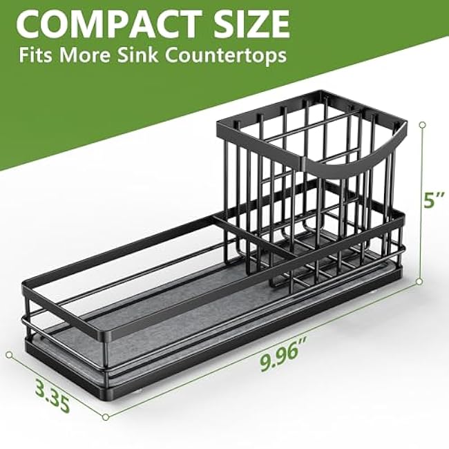 Cisily Sink Caddy Organizer with Drying Stone, Instant Dry Sponge Holder, Sink Brush Holder for Countertop, Kitchen Storage Organizer and Accessories, Black