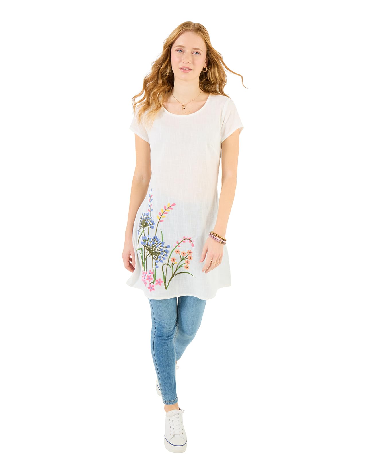 Joe Browns Women's Embroidered Floral Meadow Tunic, Relaxed, White, UK 18