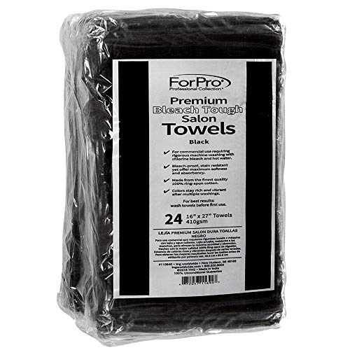 Image of ForPro Professional Collection Premium Bleach Tough Salon Towels, Black, 100% Cotton, Bleach-Proof Towels, Stain Resistant, 16 inch W x 27 inch L, 24-Count