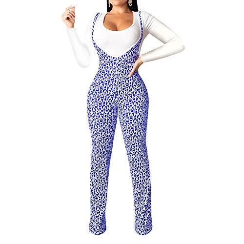 Womens LetterPrint 2 Piece Outfits Sexy Bodycon Top Wide Leg Pants Jumpsuit Set Blue L
