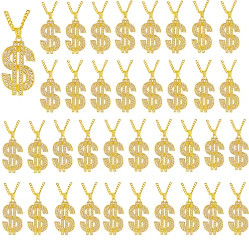 Bulk Pack Gold Chain with Dollar Sign Money Necklaces Fake Dollar Gold Plated Stainless Steel Jewelry Fashion Pendants for Men Women 80s 90s Hip Hop Accessory Halloween Christmas Party Dress Up