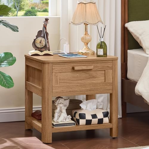 Image of Joaxswe Farmhouse Night Stand Set of 2 with Charging Station, Wood Bed Side Tables Bedroom Set of 2 with Drawer & Open Storage Shelf, Brown