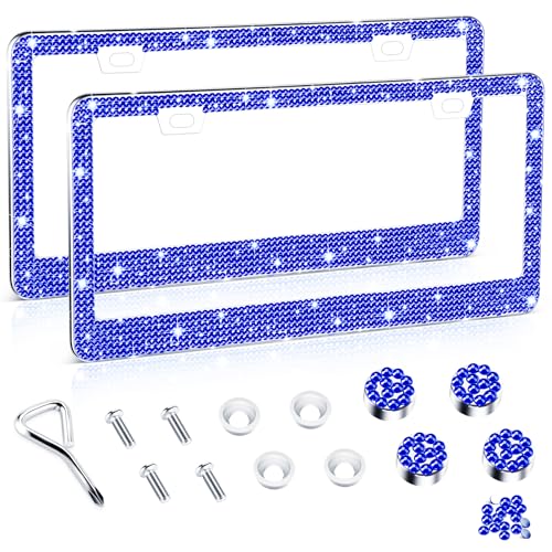 Image of Amiss Bling License Plate Frame for Women, 2Pack Rhinestone Handcrafted Crystal Premium Stainless Steel, Stainless Steel Car Decorative Accessories with Diamond Sparkle Glitter Caps (Blue)
