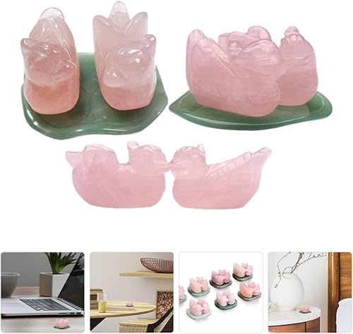 Miniatura 6 de FOMIYES Figuras de fengshui de cuarzo rosa natural diseño de mandarina pájaros de amor sobre hojas de loto de aventurina verde adorno para el día de