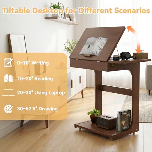 C-Shaped End Table, Solid Wood Rolling Side Table with Lockable Wheels, Couch Tables with Adjustable Desktop &Multi-functional Folding Tray, Small Side Table for Couch, Living Room, Bedroom Tall 30" by Grehitk - Image 4