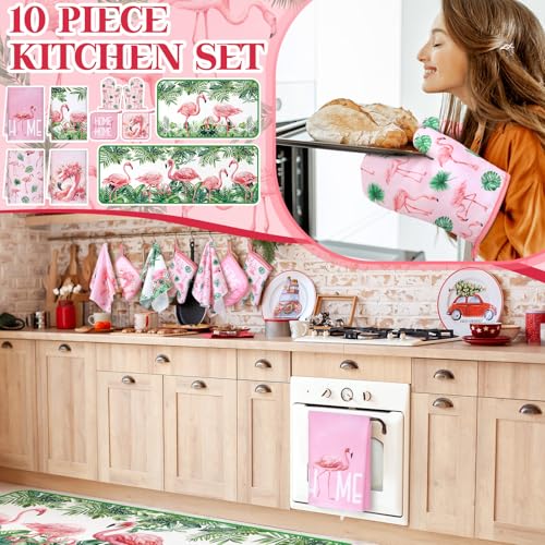 Fourluoo 10 Pcs Flamingo Kitchen Dish Towels Rugs Oven Mitts and Pot Holders Set Farmhouse Kitchen Decor Set for Women Mom Daughter Gift Cooking Baking Grilling(Cute Pink) by Fourluoo - Image 2
