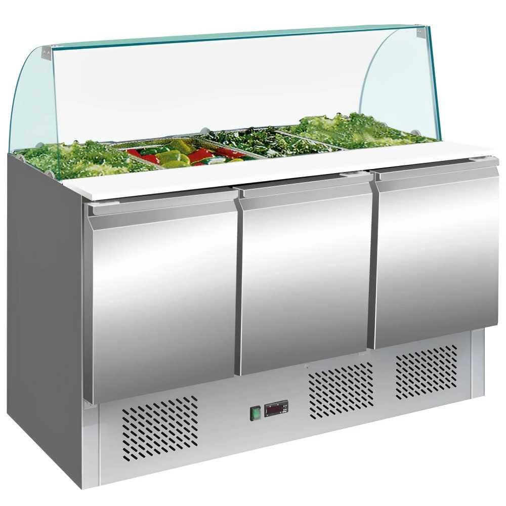 MBH Stół chłodzony ze stali nierdzewnej 3 drzwi 260 litrów 1365x700 mm Zimny stół pod ladą do baru, restauracji i hotelu.