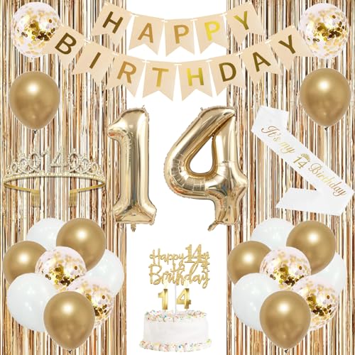 Image of Trgowaul 14th Birthday Decorations for Girls, Banner, Sash and Crown, Cake Topper, 14 Number Balloon, Fringe Curtains, Champagne Gold 14th Birthday Party Supplies