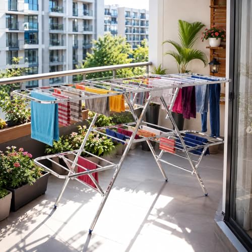 Image of KITCHIVO Foldable Stainless Steel, 4 Layer Laundry Drying Stand, Heavy Duty Garment Dryer for Indoor & Outdoor Use, Space Saving Balcony Cloth Drying Stand (Zig-ZEG)