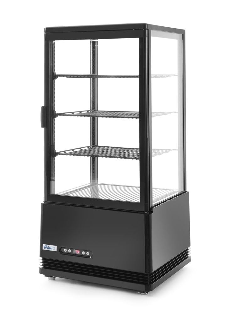 HENDI Vetrina da Esposizione Refrigerata, Sbrinamento Automatico, Sistema Antifog, 3 Ripiani, Illuminazione LED, Classe Energetica C, 78L, 230V, 170W, 452x406x(H)966mm, Nero, ABS, Doppio Vetro