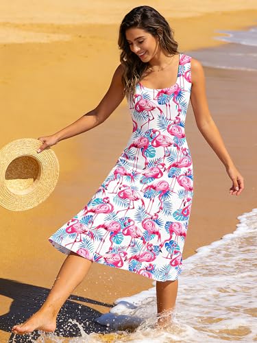 Image of uideazone Women Funny Print Sleeveless U Neck A Line Casual Midi Dress | Soft Stretchy Breathable Fabric Flared Swing Sundress Fitted Waist for Daily Wear 80 /90s Themed Party Beach Vacation Trips