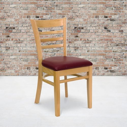 Image of Flash Furniture 2 Pk. HERCULES Series Ladder Back Natural Wood Restaurant Chair - Burgundy Vinyl Seat