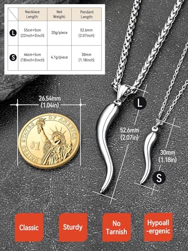 FaithHeart Italian Horn Pendant Necklace for Women Men Silver/Black/Gold Plated Stainless Steel Cornicello Necklace Protection Necklace Chains with Pendant Italian Charm Talisman with Gift Box4