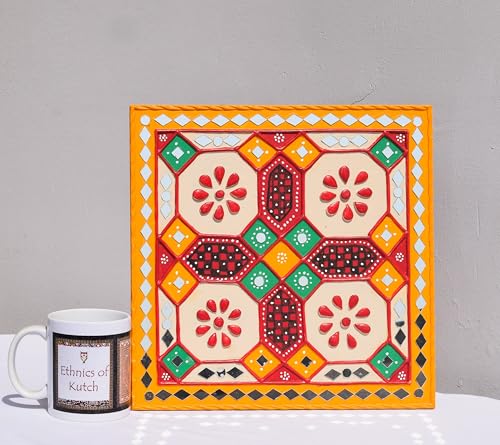 Image of Ethnics of Kutch Traditional Kutch Handicraft Mud-Mirrorwork Lippan Kam Wall Art (Water and Break Resistant) - Square (12 inch x 12 inch) - (Yellow LKT-0284)