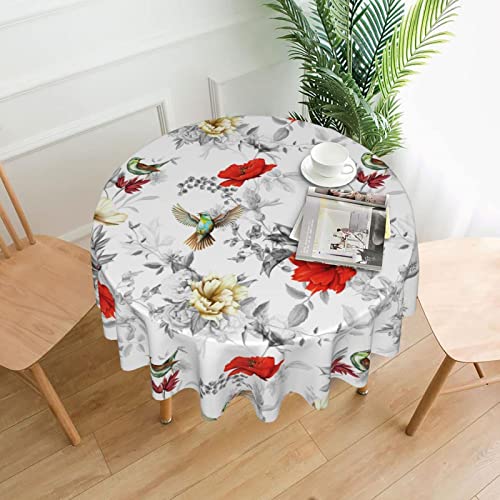 Red Flowers Birds Tablecloth Round 60 Inch Vinyl Grey Black Leaves Table Cloth Waterproof Fabric Farmhouse Tablecloths Decorative For Holiday Home Party Wedding Picnic #TOP1