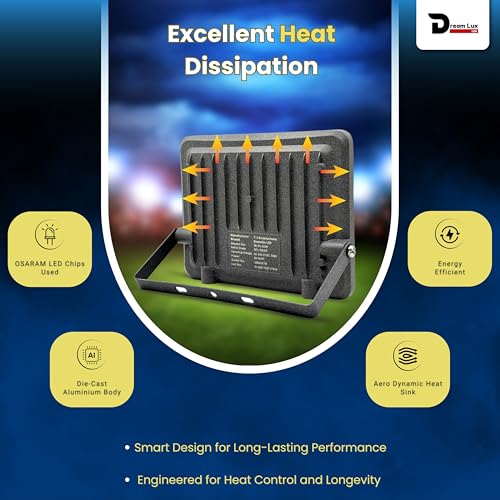 Image of Dreamlux LED Flood Light 50W, IP65 Waterproof Outdoor Light, Cool White 6500K, 130-140 lm /W, Aluminum Body, 6kV Surge Protection, BIS Certified Security Light (Pack of 3pc)