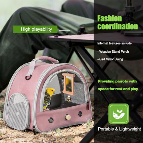 Image of Parrot Travel Cage with Bird Cage Bells Mirror Set,Portable Small Bird Parakeet Bag with Standing Perch and Comfy Mat Bird Carry Transport Bag with Clear Window Vet Visit Shopping