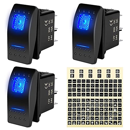 AutoEC 3PCS Rocker Switch 12V 24V ON/Off Toggle Blue LED Light Switch 5 Pin SPST for Car Automotive Truck Boat Marine UTV with Night Glow DIY Sticker Labels