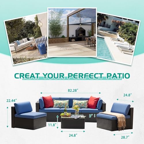 Image of 5 Seater Outdoor Patio Conversation Set Rattan&Wicker Sofa Set All Weather HDPE Seactional Couch Sofa Set Perfect for Balcony,Terrace,Garden,Backyard,Lawn (Blue)