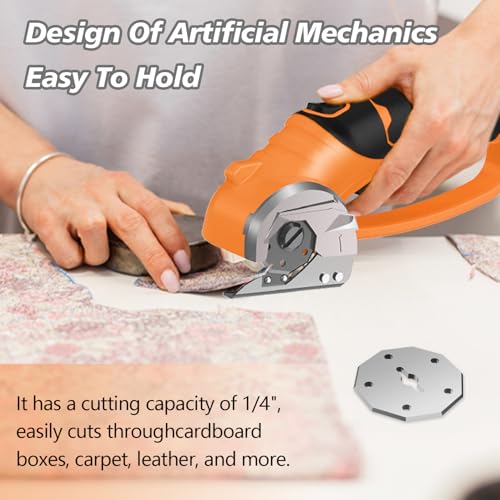 Image of Cordless Electric Scissors, 4V Rechargeable Box Cutter & Cardboard Cutter with LED Light, Safety Lock - Rotary Cutter for Fabric, Leather, Carpet, Plastic, Crafting, Sewing with Storage Box (Orange)
