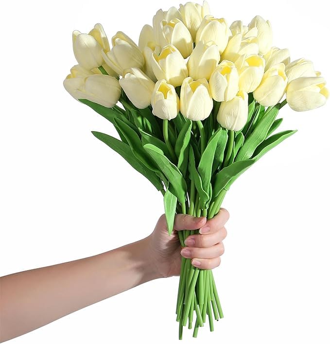 Image of Garden Art Artificial Tulip Flowers (Pack of 5) | Real Touch Silicone Single Stem Tulips for Home Decor, Living Room, Office, Vase & Wedding Decoration GAASTFB-1H-33CR (Cream)