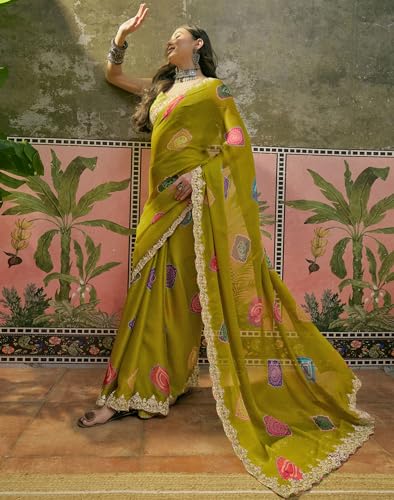 Image of SIRIL Women's Chiffon Scalloped Border Sequins Embroidery Saree with Unstitched Blouse Piece