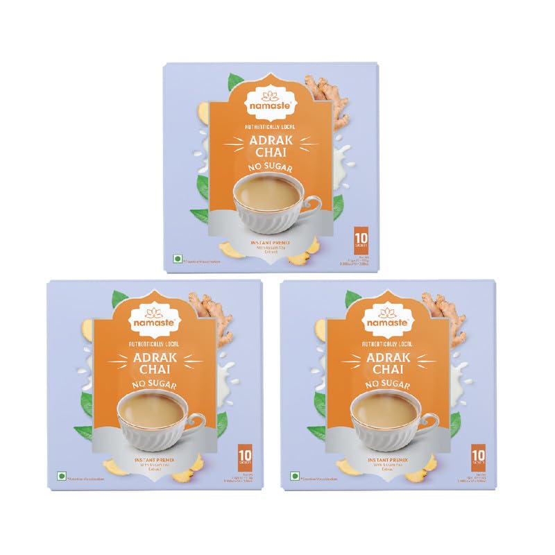 Image of Namaste Chai Ginger Tea Premix Without Sugar | Adrak Chai Instant Tea Premix | No Sugar Instant Tea Premix Sachets | Instant Adrak Chai Powder | Ginger Tea Ready Mix | 11g x 10 Sachets | Pack of 3