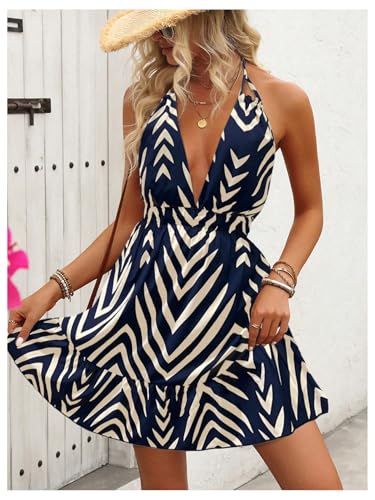 SOLY HUX Women's Allover Print Summer Dress Halter Deep V Neck Ruffle Hem Short Dresses3