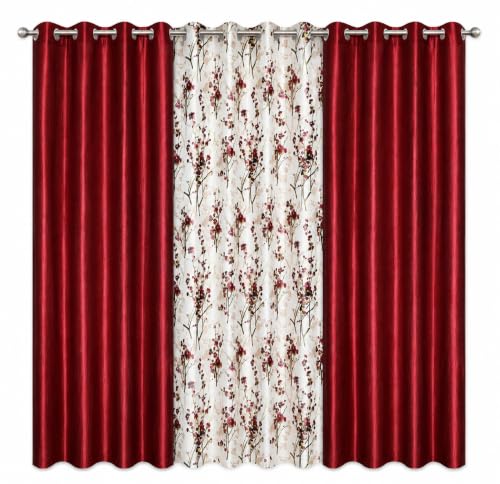 Image of 5 Feet Polyester Floral Light Filtering Window Curtains for Bedroom, Living Room & Hall, Eyelet Top, Maroon Print & Solid Plain Curtain Set of 3