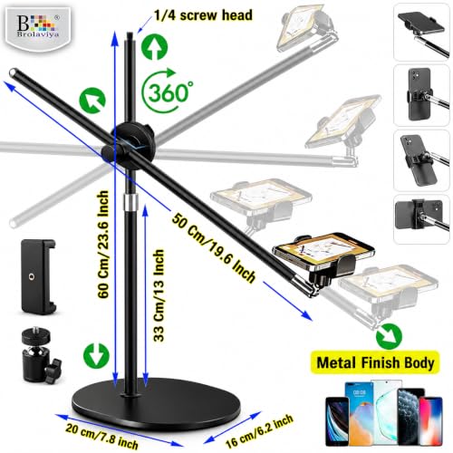 Image of BROLAVIYA Overhead Video Floor Stand, Premium Metal Body, 1 /4 inch Head for Webcam,Gopro, 360 Rotation with Mobile Bracket for YouTube, TikTok, Desktop, Bedroom, Cooking and Recording. Black