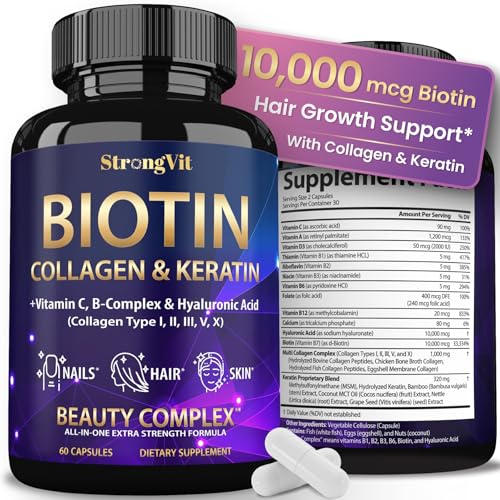 StrongVit Biotin with Hyaluronic Acid Keratin and Collagen Supplements - 10000mcg for Hair Growth Women and Men - Hair Skin and Nails Vitamins - 60 Capsules