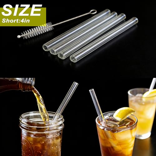 Image of Reusable Glass Straws Set, Clear Glass Drinking Tubes Including 5*Short Straws and 1 Cleaning Brush (Size 4 Inchx12 MM OD)