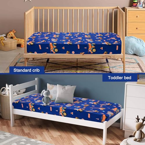 Image of UOMNY Crib Sheet 52x28 Baby Sheet for Boys Breathable Fitted Crib Sheet for Standard Crib and Toddler Mattress Toddler Sheet Engineering Vehicle Blue