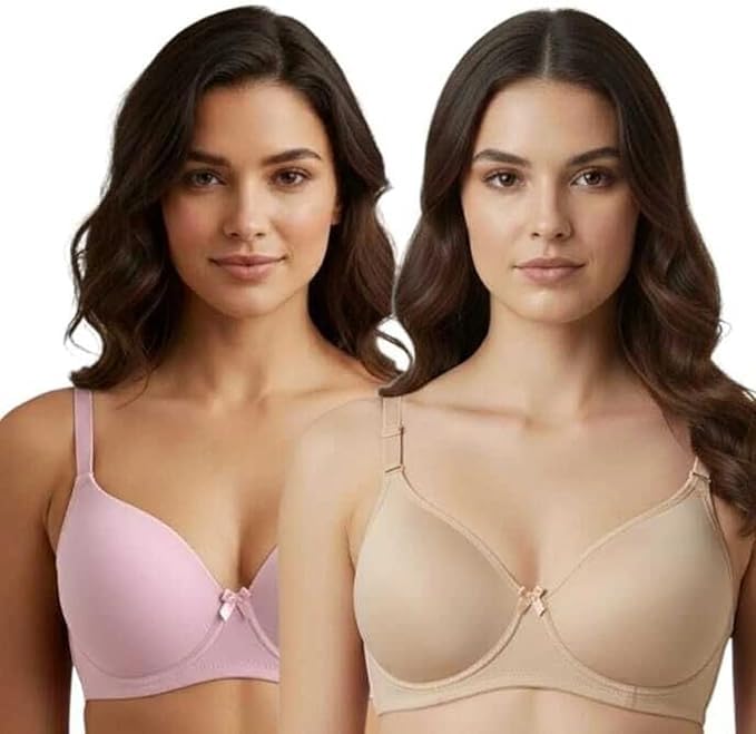 Image of Women's Cotton Blend Lightly Padded Full Coverage Wirefree T-Shirt Bra Combo Pack of 2