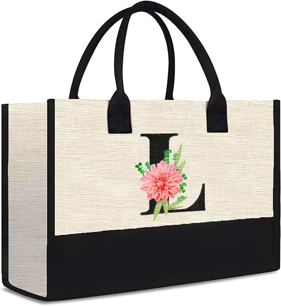 Initial Canvas Grocery Bag, Personalized Present Gift Tote Bag for Wedding Birthday Holiday Reusable Grocery Bag Initial Letters for Women Teachers, Friends, Bridesmaids