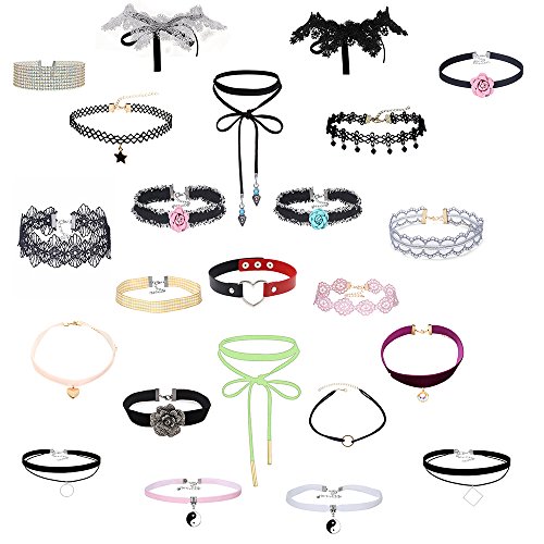 MingJun 23 pièces en forme de tatouage en dentelle colorée Chaîne gothique en cuir de velours pour femmes et filles